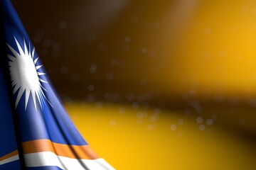 beautiful anthem day flag 3d illustration. - picture of Marshall Islands flag hanging in corner on yellow with selective focus and free place for your content