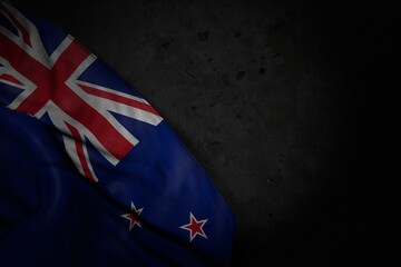 nice dark picture of New Zealand flag with large folds on black stone with free place for your content - any feast flag 3d illustration..