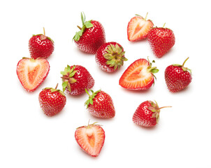 strawberries isolated on white background, red berries whole and sliced in details, concept of fresh fruits and healthy food