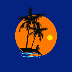 Fototapeta na wymiar Beautiful island with coconut tree on sunset icon, logo, symbol, vector illustration graphic design. Isolated on round.