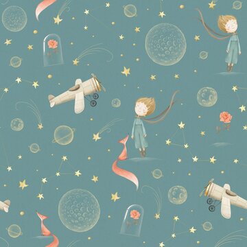 Seamless Pattern Little Prince With Fox On Blue Background. Stock Illustration.