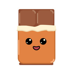 Kawaii chocolate bar cute and funny happy smiling comic character, flat cartoon emotional kawaii piece of chocolate, happy sweet mascote for icon logo cover card kids party