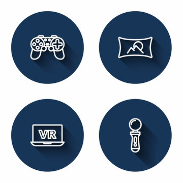 Set line Gamepad, Wide angle picture, Virtual reality and VR controller game with long shadow. Blue circle button. Vector