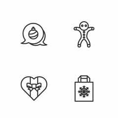Set line Christmas shopping bag, Gift box, ball and Holiday gingerbread man cookie icon. Vector