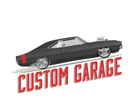 Classic American Muscle Car Isolated Illustration With Custom Garage Caption On White Background. Custom Car. Black Car Burnout. Template For Car Show Advertising Designs.  Vector Illustration