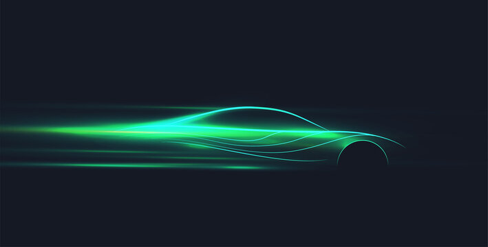 Green Neon Glowing In The Dark Electric Car On High Speed Running Concept. Fast Ev Silhouette. Vector Illustration