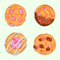 Cookies set vector illustration on blue background. Pink strawberry, chocolate chips, jam filled, sprinkled dessert. Bakery menu design.