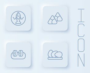 Set line Served fish on a plate, Zongzi in bamboo steamer, Sushi and Chicken egg. White square button. Vector