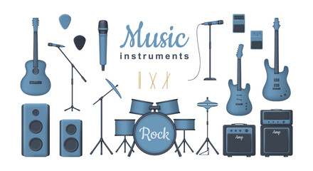 3d set of musical instruments for rock concert isolated on white background. Acoustic, electric and bass guitar, amplifyer, drum kit, sound speakers and microphones. Vector illustration - obrazy, fototapety, plakaty