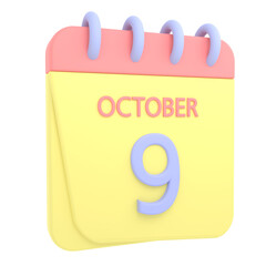 9th October 3D calendar icon. Web style. High resolution image. White background