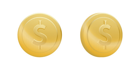 Set of gold dollar coins isolated on white background. Vector illustration