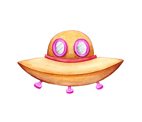 Space rocket watercolor. Traveling astronaut on a ship across the universe. UFO. Cute alien guest transport. Celestial flight. Hand drawn illustration isolated element on white background.