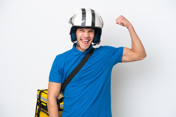 Young caucasian man with thermal backpack isolated on white background doing strong gesture