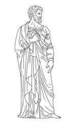 The ancient Greek god Zeus with a beard in a cape stands barefoot.