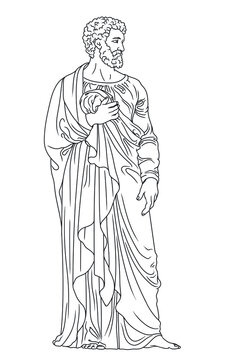 The ancient Greek god Zeus with a beard in a cape stands barefoot.