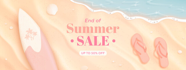 Summer sale horizontal banner design template with realistic summer elements on a beach background. Vector illustration