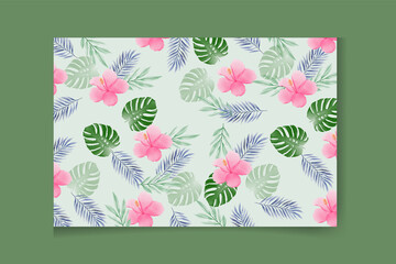 Seamless hand drawn tropical pattern with exotic palm leaves, hibiscus flowers, pineapples and various plants on dark background.