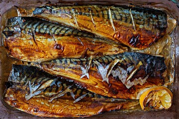 Baked mackerel fillet in teriyaki sauce with lemon. Healthy fish dish (smoked), Mediterranean...