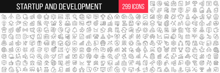 Fototapeta na wymiar Startup and development linear icons collection. Big set of 299 thin line icons in black. Vector illustration