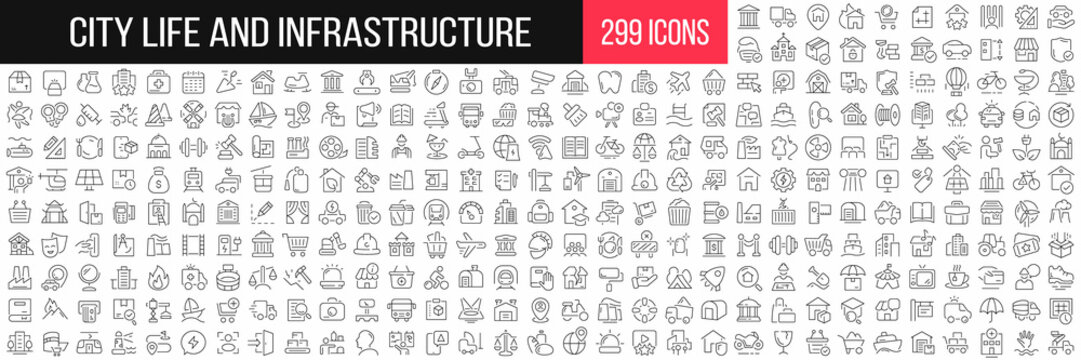 City life and infrastructure linear icons collection. Big set of 299 thin line icons in black. Vector illustration