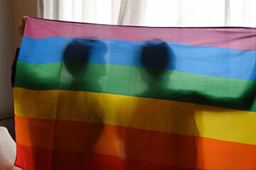 Behind view and silhouette of Pride young gay couple with hands raised and the LGBT flag, LGBT,...