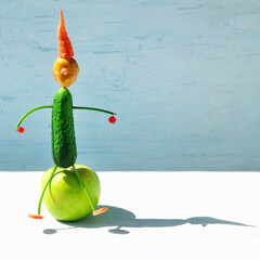 Vegetable figurine: cucumber, potato, carrot, parsley stalks, currant berries, apple. Summer healthy food concept with place for text.