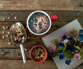 Fototapeta na wymiar Coffee, Bean and flowers