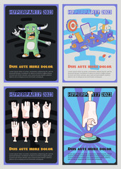 vector posters about the party. Monster, technology and a hand with a button
