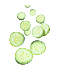 Fototapeta na wymiar Cucumber slice flying in the air isolated on white background.