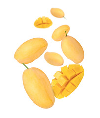 Yellow ripe mango with cut in half sliced flying in the air isolated on white background. 