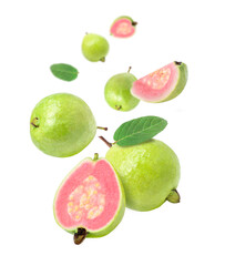 Guava fruit and half slice flying in the air isolated on white background.