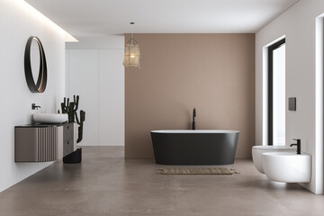 Fototapeta na wymiar Corner of modern bathroom with white and beige walls, concrete floor, comfortable bathtub, toilet, bidet and beautiful sink with round mirror. 3d rendering 