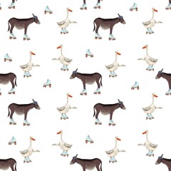 Seamless pattern with donkey and goose on rollers in helmet.Illustration with farm animals on extreme sport and healthy lifestyle.Print on white background for fabric,nursing,paper,books,toys,greeting