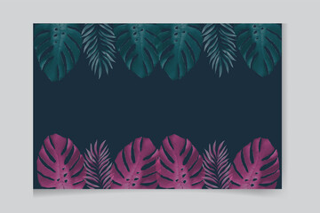 Seamless tropical pattern banner with green Mons tera palm leaves on dark background. Exotic Hawaiian fabric design.