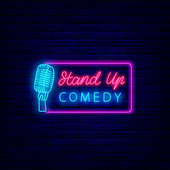 Stand up comedy neon signboard. Comedian performance. Laughter concert. Vector stock illustration - obrazy, fototapety, plakaty