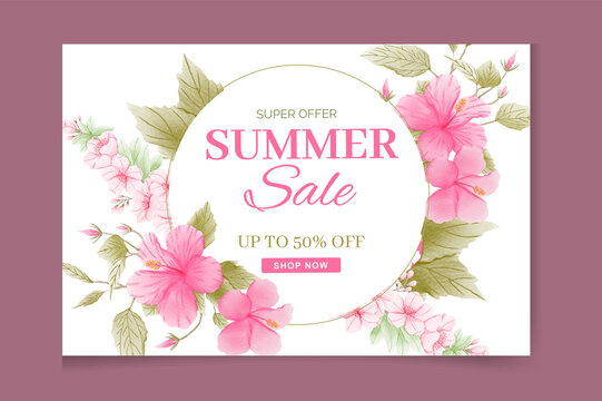 Green summer tropical background with exotic palm leaves and hibiscus pink flowers. Vector floral background. Sale banner or flyer template.