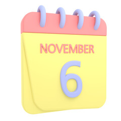 6th November 3D calendar icon. Web style. High resolution image. White background