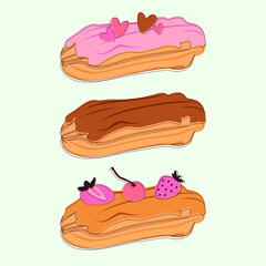 Eclair set vector illustration. Pink hearts strawberry, chocolate, berry, french dessert. Bakery menu design.