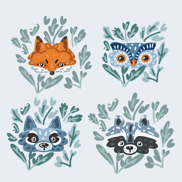 Vector illustration of cute animals. Owl, raccoon, fox, wolf
