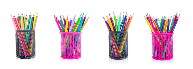 Colored pencils in pencil box isolated on white background.