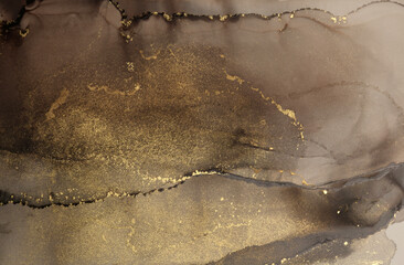 Art Abstract  watercolor and alcohol ink marble flow blot painting with gold glitter. Color canvas...