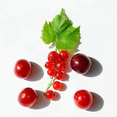 Fruit composition of red currant, cherry and leaf close-up on a textured light background. Minimalistic summer fruit idea.