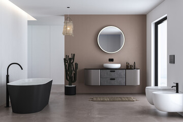 Corner of modern bathroom with white and beige walls, concrete floor, comfortable bathtub, toilet, bidet  and beautiful sink with round mirror. 3d rendering
 - obrazy, fototapety, plakaty