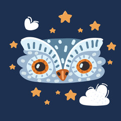 Cartoon vector illustration of an Owl face over dark background