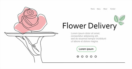 Continuous line vector illustration of hand holding dish with flowers on white background, flower delivery concept. Stroke Line, Icon or Emblem trendy linear style.