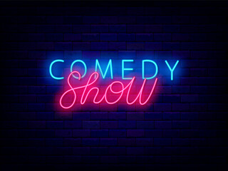 Fototapeta na wymiar Comedy show neon lettering text. Stand up performance. Comic performance. Pink text. Light sign. Vector illustration