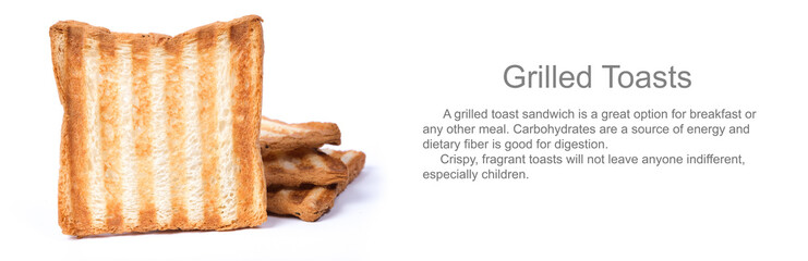 Appetizing grilled toast bread. Image on a white background, wide banner format, with copy space and sample text.