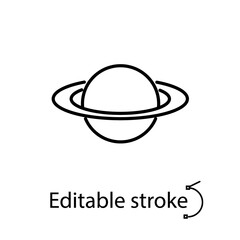 Saturn with rings line icon. Planet item. Space flight. Flying rocket. Isolated vector stock illustration