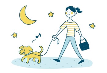 夜　犬の散歩　アスファルト　熱中症　イラスト
