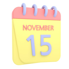 15th November 3D calendar icon. Web style. High resolution image. White background